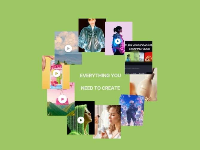 Collage of AI-generated images and videos around the line Everything you need to create