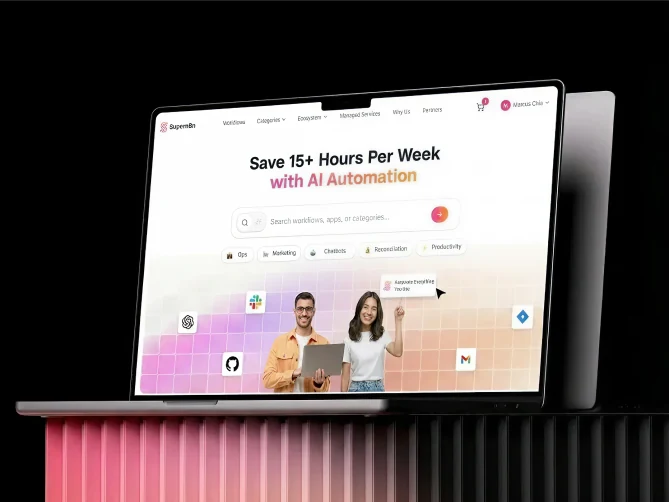 SuperN8n landing page on a laptop: Save 15+ hours per week with AI automation